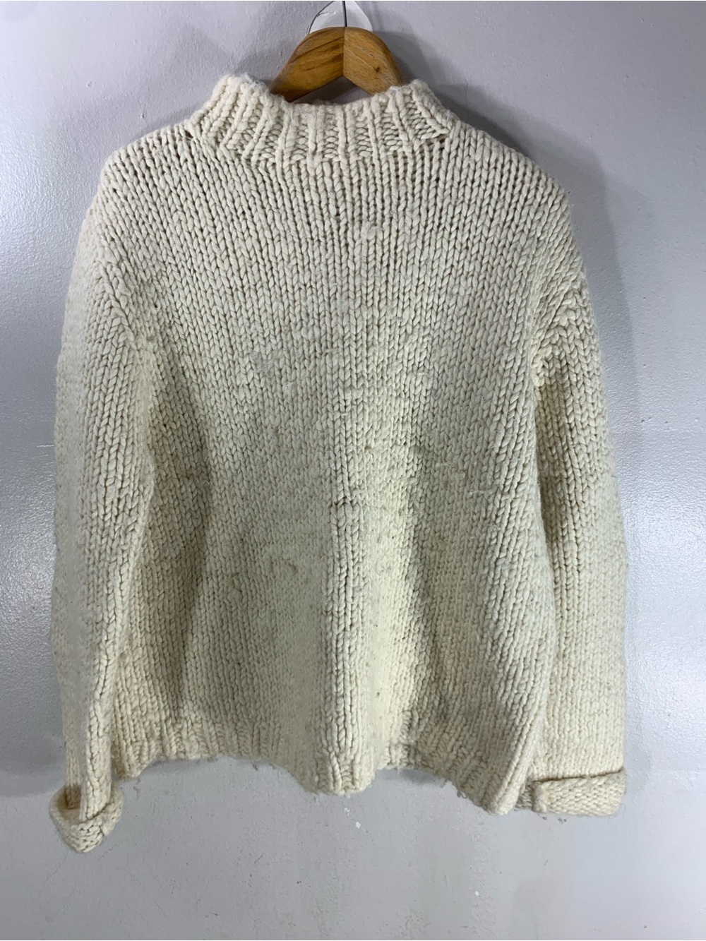 Vintage hand knit cream chunky wool sweater oversized fisherman knit mock unisex